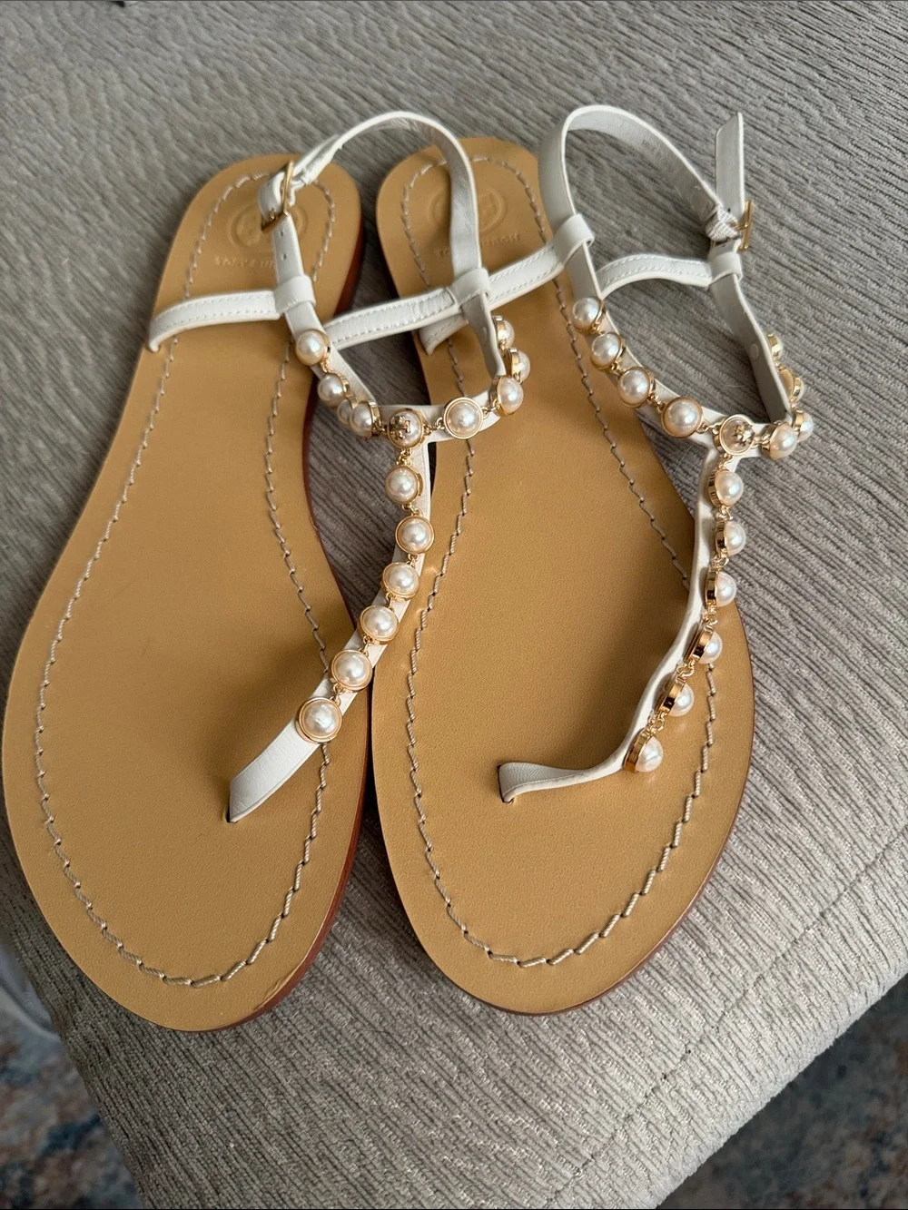 Tory Burch Emmy White Faux Pearl Leather T Strap Sandals